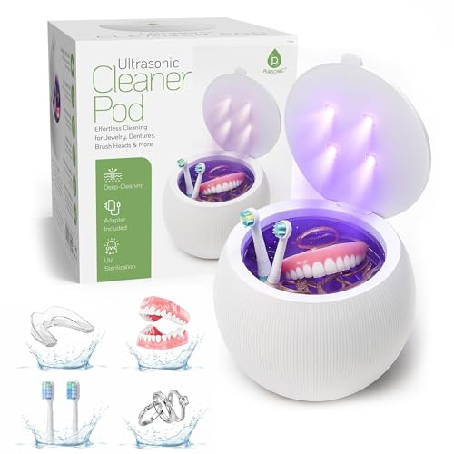 Pursonic Ultrasonic Cleaner Pod - Pulitore compatto a ultrasuoni con luce UV-C e frequenza 42kHz, strumento di pulizia per protesi, testine di spazzolino, gioielli, chiavi e altro