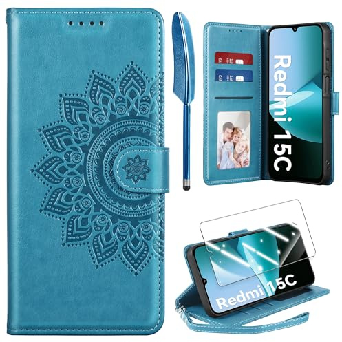 Kmofizle Handyhülle für Xiaomi Redmi 15C 4G/5G Hülle mit Panzerglas und Band, Premium Lederhülle Flip Magnet Klapphülle Kartenfach Standfunktion Stoßfeste Schutzhülle für Redmi 15C(Blau)