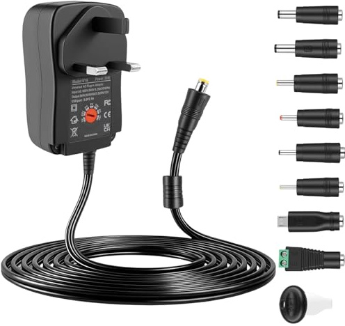 30W Universal Power Adapter, 3V-12V Adjustable Multi Voltage Power Supply | 3V 4.5V 5V 6V 7.5V 9V 12V AC/DC Switching Power Supply with 8 Selectable Tips for LED Strip Lights CCTV Camera Electronics