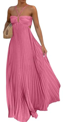 TOFOTL Vestito Donna Eleganti Sexy Lunghi Abito Estivi Maxi, Plissettato Vestiti Casual con Spalline Sottili, Schiena Scoperta Abiti Spiaggia