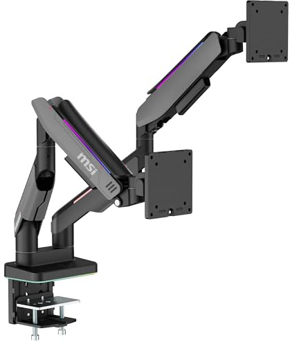 MSI MPG MT201DRG Dual Monitor Arm, 17~35 Monitor, Gas Spring Arm, 20 kg / 44 lbs Per Screen Capacity, VESA compatible, Full motion, RGB LED, Clamp & Grommet, Quick Release Plate, Cable management