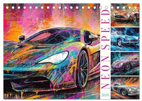 Neon Speed (Tischkalender 2026 DIN A5 quer), CALVENDO Monatskalender: Starke PS in knalligen Farben - Rennwagen KI generiert (CALVENDO Mobilitaet)
