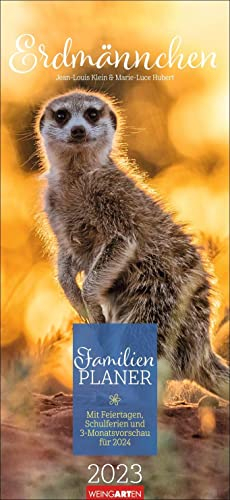 Erdmännchen Familienplaner 2023. Ein Kalender für Familien voll putziger Tierfotos vom Fotografen-Team Klein & Hubert. Praktischer Familienkalender für die Wand mit 5 Spalten.
