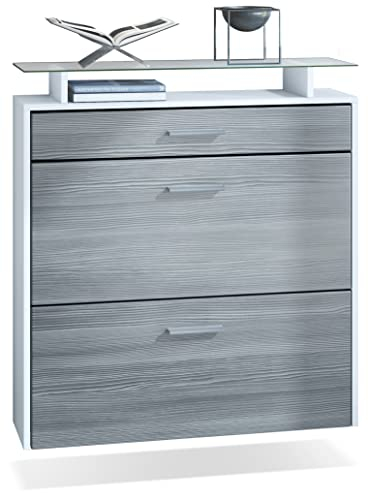 Vladon Schuhschrank Malea, hängender Schuhkipper für 16 Paar Schuhe mit 2 Klappen und 1 Schublade und Glasablage, Weiß matt/Avola-Anthrazit (89 x 96 x 23 cm)