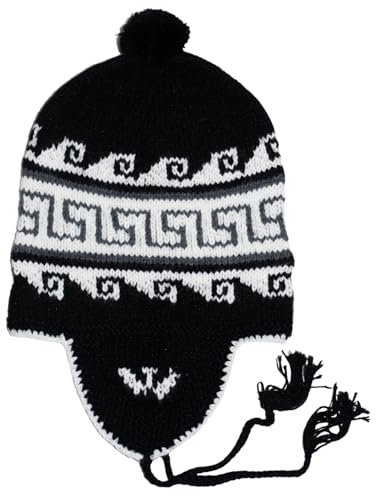 Gamboa Alpaca Lluchu Wintermütze mit Ohrenklappen Anden Design - Grau oder Orange, Schwarz, Einheitsgröße