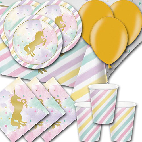 Pastel Unicorn Party Pack for 8 - Plates, Cups, Napkins, Balloons and Tablecover