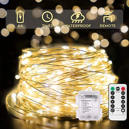 suddus Fairy Lights Battery Operated with Remote, 33ft 100 LED Dimmable Twinkle Lights with Timer, Waterproof Copper Wire String Lights for Bedroom, Christmas, Tree, Indoor Outdoor Decor (Warm White)