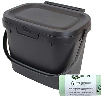 Addis Compost Caddy Food Waste Kitchen Storage Bin - Black & 50 X 6L All-Green Compostable Bags