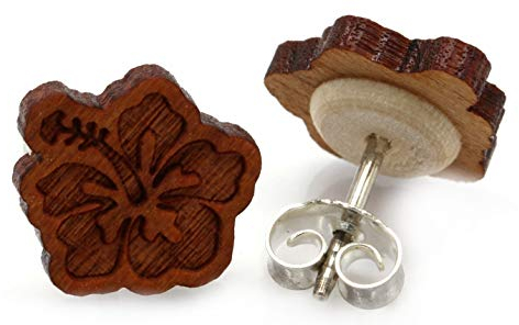 Miriquidi Hibiskus Blüte Holz Ohrstecker Silber 925 Sterling 11mm Paar - Kirsch