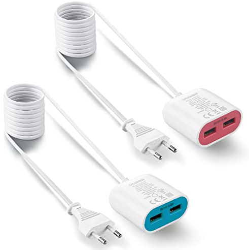 UCOMEN Steckdose mit USB 2 Ports, 2.4A USB mit Verlängerungskabel 1.5m, Blau und Rosa - 2er Pack