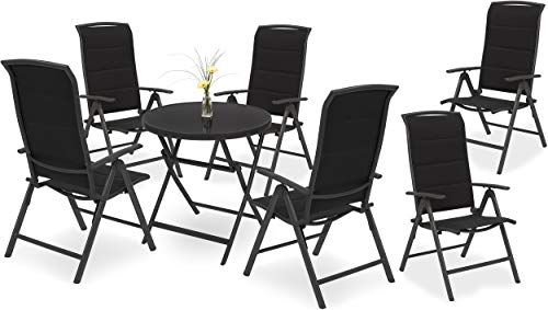 BRUBAKER Garten Sitzgruppe Milano - 1 Glastisch Klapptisch rund 70 cm Ø mit 6 Hochlehner Stühlen - Aluminium - Wetterfest - Anthrazit