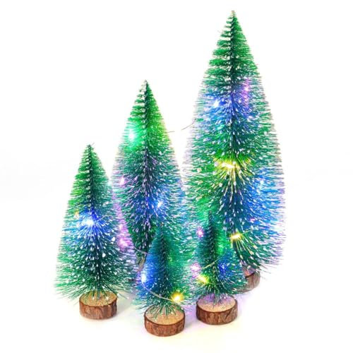 Dream Loom Artificial Mini Christmas Trees, A Set of 5pcs Miniature Sisal Frosted Christmas Trees Bottle Brush Trees for Xmas Home Tabletop Decor (Green)