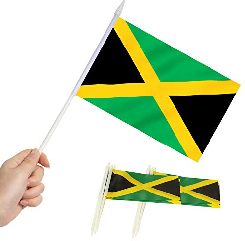 Anley Lot de 12 mini drapeaux jamaïcains – Petits drapeaux jamaïcains miniatures à main sur bâton – Résistants à la décoloration et couleurs vives – 12,7 x 20,3 cm avec mât solide et dessus de lance