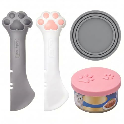 Outus 4 Pcs Dog Cat Food Can Lids and Spoons Set Multi Function Spatula Opener Silicone Pet Covers Fit 3 Standard Size Paw Shape Mini Spatula for Wet Feeding Cat Dog Food