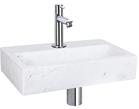Differnz Flat Waschbecken - Waschtisch Weißer Marmor - Gerade Armatur Chrom - Komplettset - 38 x 24 x 7 cm