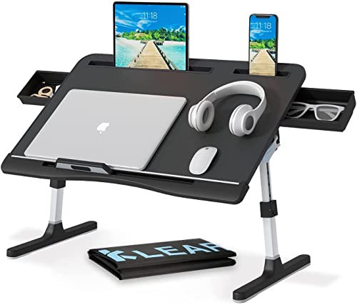 Laptop Desk for Bed, KLEAR Lap Desks Trays with Double Storage Drawers, Adjustable Premium Leather Laptop Stand with Extra Drawstring Bag, Foldable Lap Table for Eating, Working, Writing and Drawing