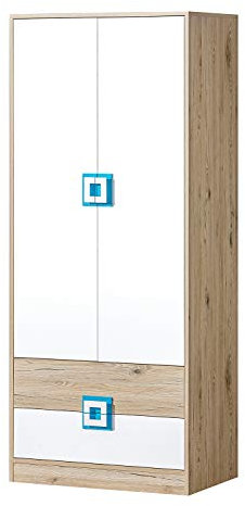 Marmex Nico N1 Zweitüriger Kleiderschrank - Hochwertige Möbelbeschläge - Kleiner Kleiderschrank - Kleiderschrank für Jugend, Kinderzimmer - Eiche Hell + Weiß + Türkis - 80x190x50cm