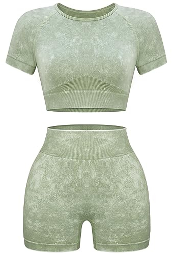 OLCHEE Damen Workout-Set 2-teilig – nahtlose säurehaltige Waschung Yoga-Outfits Shorts und kurze Ärmel Crop Top Gym Athletic Kleidung, Kurzarm + Shorts: grün, Small