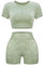 OLCHEE Damen Workout-Set 2-teilig – nahtlose säurehaltige Waschung Yoga-Outfits Shorts und kurze Ärmel Crop Top Gym Athletic Kleidung, Kurzarm + Shorts: grün, Small