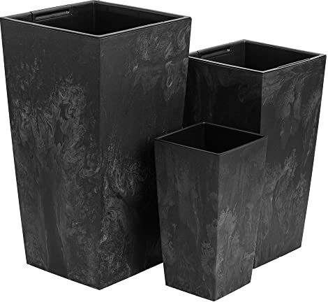 botle Set di 3 vasi da fiori H 32/37/42 cm, alto trapezio, antracite, cemento, struttura in plastica, inserto quadrato