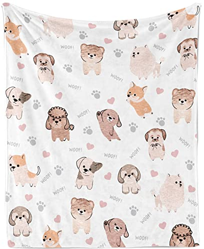 Decke mit Hund Gedruckt Kuscheldecke Kinder Hund Weich Warm Plüsch Welpe Wohndecke Hund Gedruckt Flanell Fleecedecke für Mädchen Jugendliche Geschenk Sofadecke Couch Decke, 130x150cm