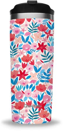 QWETCH - Insulated Travel Mug - Flora Red 470ml - Stainless Steel Coffee & Tea Mug - 6h Hot & 12h Cold - BPA Free, Waterproof