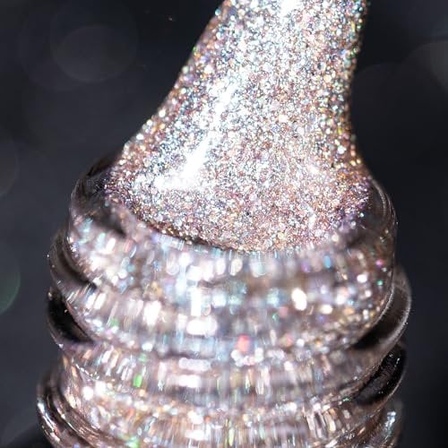 Burano Reflective Diamond Nail Gel Polish, 7.3ml Holographic Glitter, Shiny Summer Color, UV Lamp Required (Champagne JL7)