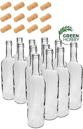 Green Hobby Botella de vino de 750 ml con botella de cristal de corcho, botella de licor (12 unidades con corcho, blanco)