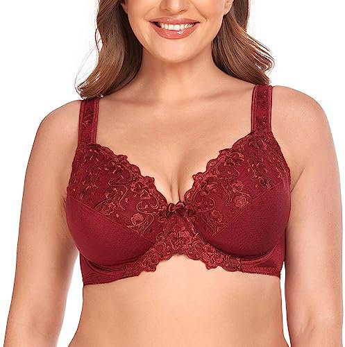 Ayigedu Women's Full Coverage Minimiser Bra Floral Lace Non Padded Plus Size Underwired Bra 36H
