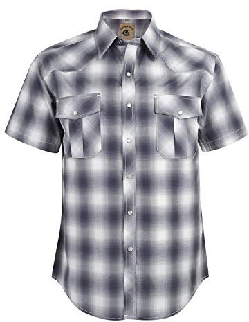 COEVALS CLUB Mens Shirts Short Sleeve Casual Push Button Plaid Suit Regular Fit Western Cowboy Pearl Snap Two Pockets Work Derss Button Up Shirts (White & Shark Gray #30 XL)
