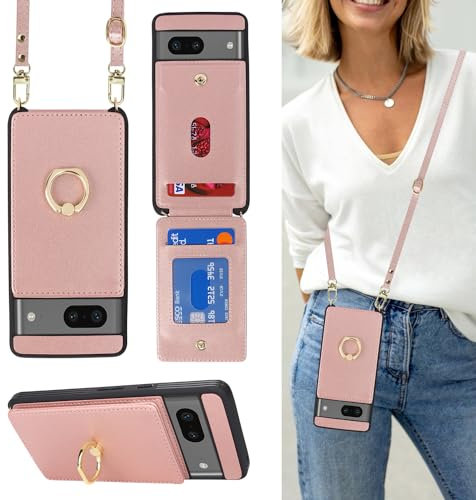 Havaya Coque Google Pixel 7 avec Cordon RFID Porte Carte Portefeuille Étui Google Pixel 7 avec Cordon Anneau Telephone Portable Réglable Collier Housse Etui pour Femmes - Or Rose