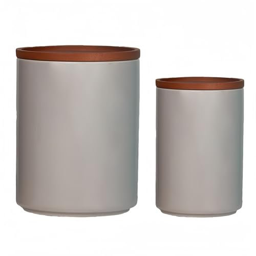 HASAYAKI Pots de conservation, lot de 2 boîtes empilables en céramique 800/1900 ml pour café, thé, sucre, farine de céréales et épices avec couvercles hermétiques en bambou, 1C1819CW_Gris