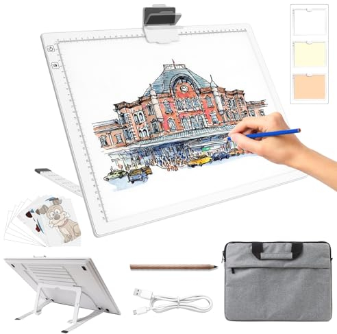 Diamond Painting Leuchttisch A3 mit Tasche, Tragbares Batteriebetriebene Light Pad, Wiederaufladbare Leuchtplatte mit Ständer, 3 Farben 6 Helligkeitsstufen LED Lichtpad für Abpausen(weiß)