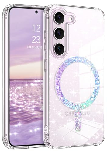 DUEDUE Hülle für Samsung S23 Glitzer, Samsung Galaxy S23 Handyhülle Kompatibel mit MagSafe Stoßfeste Glitzer TPU Schale Dünn Leicht Klar Samsung Galaxy S23 5G Cover Magnetische 6.1'' Transparent