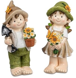 Small-Preis Deko-Figuren Sommerkinder Greta und Franz stehend Gartenkinder mit Blume und Vogel Frühjahrsdeko Sommerdeko für Innen und Außen 32 cm groß im 2er Set 707