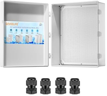 Outdoor Electrical Box Waterproof, ABS Plastic Junction Box IP67 Hinged Cover Project Box with Mounting Plate Wall Brackets and 4 Cable Glands, Grey Electrical Enclosure 23.6x19.6x8.6