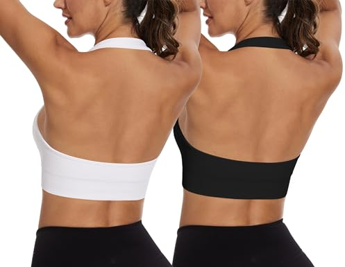 Demegimi Sport BH Damen Neckholder Damen Rückenfrei Sport Bra Gepolstert Bustier Ohne Bügel Fitness Sport Top Yoga Lauf BH 2er Pack