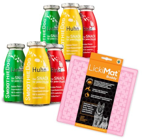Hunde Smoothie SmoothieDog 6er Mix + Lickimat Buddy M Pastellrosa - je 2X: Huhn, Rind, Lamm - Flüssiges Hundeleckerli - Zucker- & glutenfrei - Schleckmatte - je 250ml