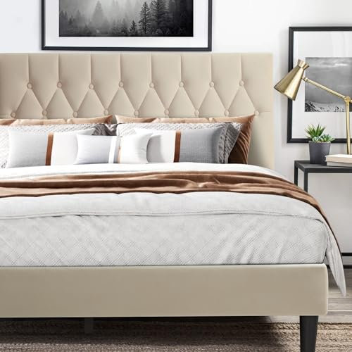 4ft6 Double Bed Frame, Upholstered Platform Bed with Adjustable Tufted Headboard, Noise-Free Chesterfield Design, Velvet Fabric, Sturdy Wood Slats Support and Under-Bed Storage, Beige Double Bed