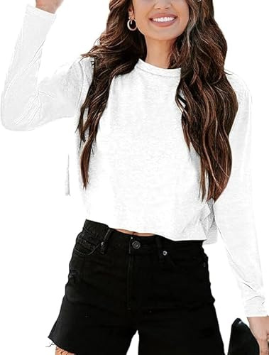 Imily Bela Women's Cropped T Shirts Basic Tunic Tops | Crew Neck, Long Sleeve, Loose, Casual Crop Tees