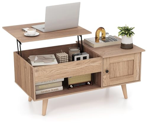 COSTWAY Lift Up Top Coffee Table, Wooden Lifting Cocktail Center Table with Hidden Storage Compartment, Door Cabinet and Open Shelf, Rectangle Accent Sofa Side Tea Table for Living Room (Natural)
