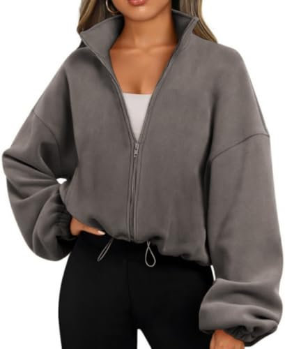 Famulily Herbst Kleidung Frauen Warm Fleece gefüttert Stehkragen Sport Sweatshirt Crop Jacke Mäntel mit Kordelzug Saum Kaffee M