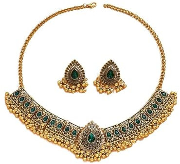 IMINI Conjunto de joyas indias tradicionales bohemias para mujeres y niñas, plata envejecida, oxidada étnica fiesta de graduación de fin de año, collar de plastron pendientes gargantilla punk cristal
