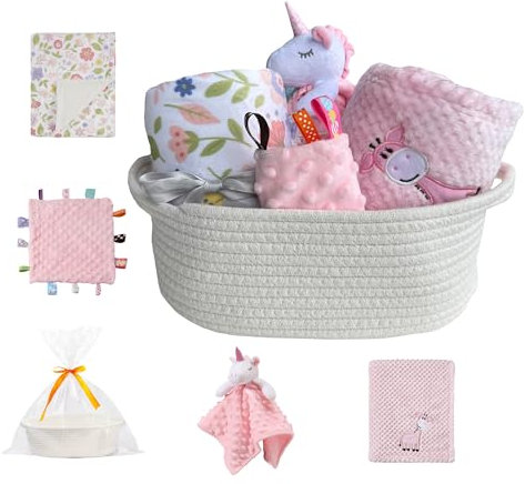CREVENT Baby-Willkommens-Geschenk-Set, Aufbewahrungskorb mit Zwei Decken, Einer Sicherheitsdecke, einem Etikett und Einer Geschenktüte mit Schleife, Rosa