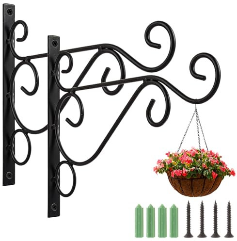 ASelected 2 PCS Hanging Basket Brackets Wall Hanging Hooks,Iron Plant Hanger Wall Hooks,Black Heavy Duty Outdoor Plant Hangers,Metal Plant Hooks for Lantern Planter Flower Hanger Fence Bird Feeder