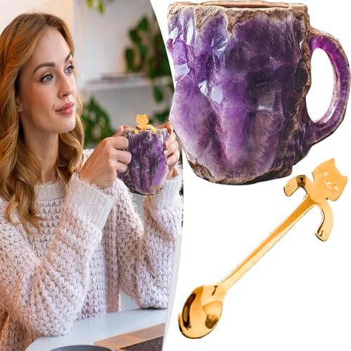 Taza de café de cristal mineral natural 2024, con cuchara, taza de cristal ónix, taza de café decorativa, taza de café de cristal mineral, taza decorativa de cristal