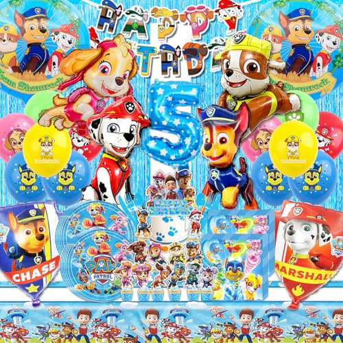 HTTMTTS Paw Dog Patrol Geburtstag Deko 5 Jahre, 96 Stück Paw Dog Patrol Geschirr mit Luftballons, Tortendeko, Servietten, Tischdecke, Papptellern und Kinderbesteck für Paw Dog Patrol Kindergeburtstag