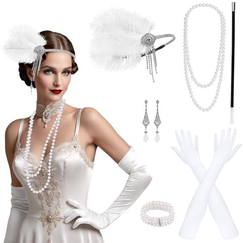 PLULON 8 teiliges 1920er Flapper Great Gatsby Accessoires-Set Fashion Roaring 20's Theme Set mit Stirnband, Kopfbedeckung, langen schwarzen (Style 8)