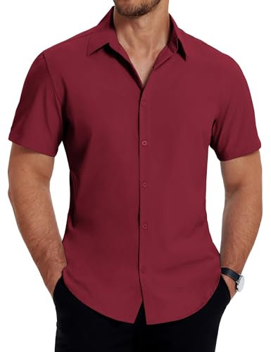 COOFANDY Men's Short Sleeve Shirt Plain Dress Shirt Business Casual Smart Shirts Stretch Formal Shirts for Work Burgundy 3XL