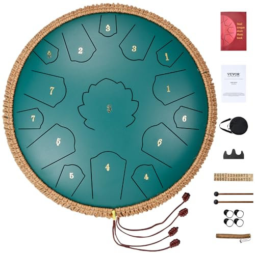 VEVOR Zungentrommel 356mm, Steel Tongue Drum 15 Noten, Regentrommel, C-Dur-Tonart, Regenglockenspiel mit 2 Schlägeln & Tragetasche, Handpan-Trommel, Schlaginstrument für Musikunterricht & Yoga, Grün